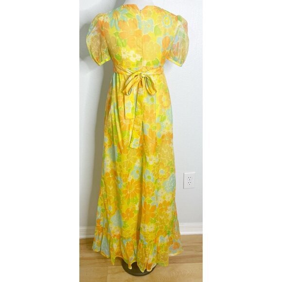 Vtg 60s 70s Yellow Floral Handmade Chiffon Hostess Empire Waist Maxi Dress S - Picture 3 of 3
